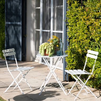 Set de jard&iacute;n plegable de mesa y 2 sillas de acero blanco Bistro