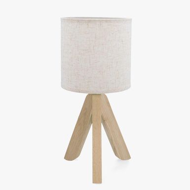 Lampara de mesa de madera y lino blanca 16x35 3 patas Nora