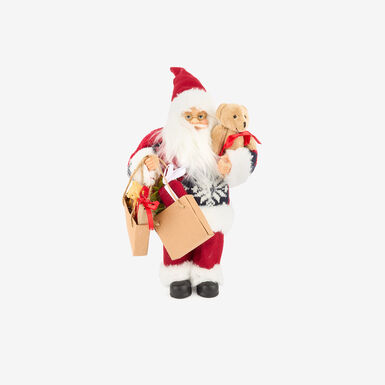 Figura decorativa Santa Claus con bolsa regalos y peluche 30cm