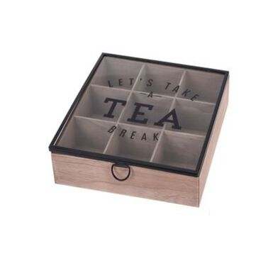 Caja de t&eacute; de madera con 9 compartimentos 24x24cm