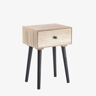 Mesita de noche con caj&oacute;n natural de MDF y acero 35x26x50cm