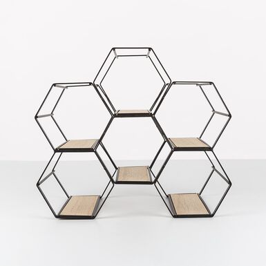 Botellero colmena de metal y madera para 6 botellas 29,5x15x25,5cm