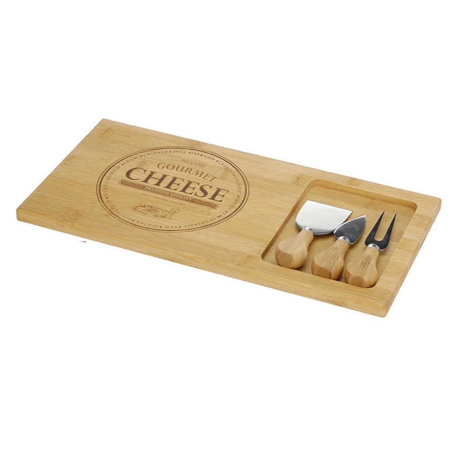 Set de 3 cuchillos de acero inoxidable con tabla de quesos