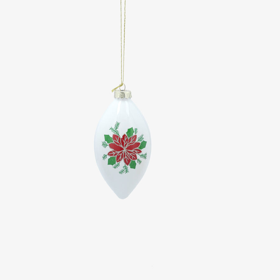 Bola de Navidad de l&aacute;grima blanca de cristal con flor de Pascua 10cm