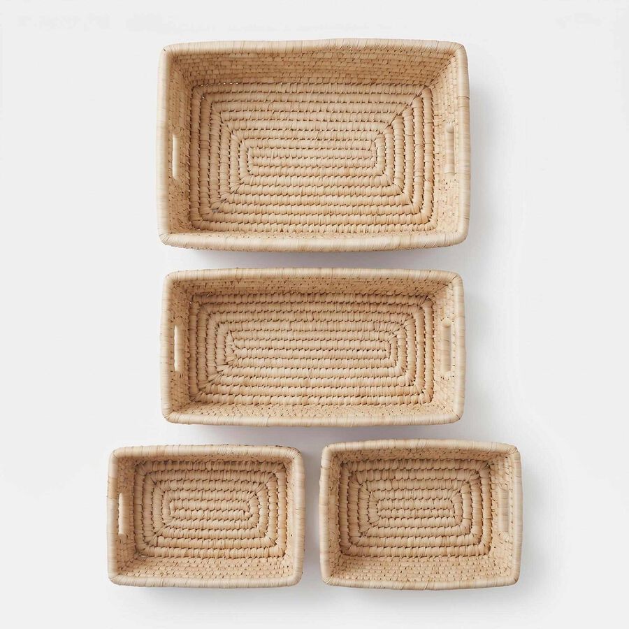 Set de 3 cestas rectangulares de fibra natural marr&oacute;n con asas