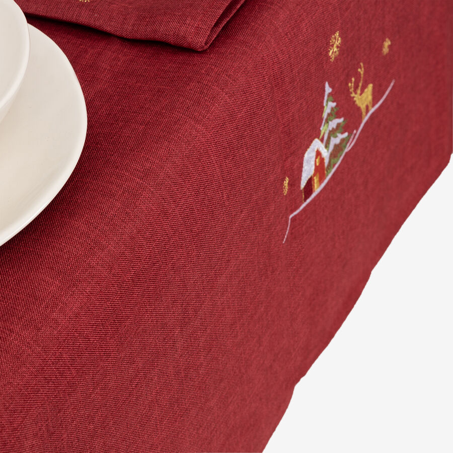 Mantel rojo con bordado Pueblo Navidad 150x250cm