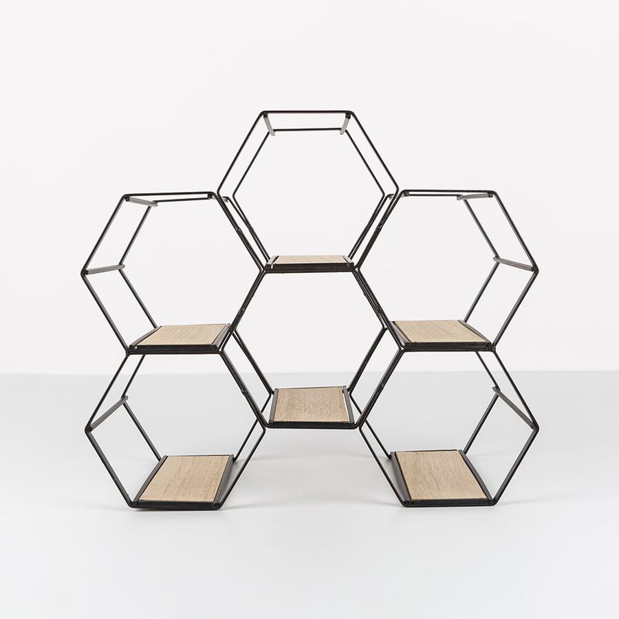 Botellero colmena de metal y madera para 6 botellas 29,5x15x25,5cm