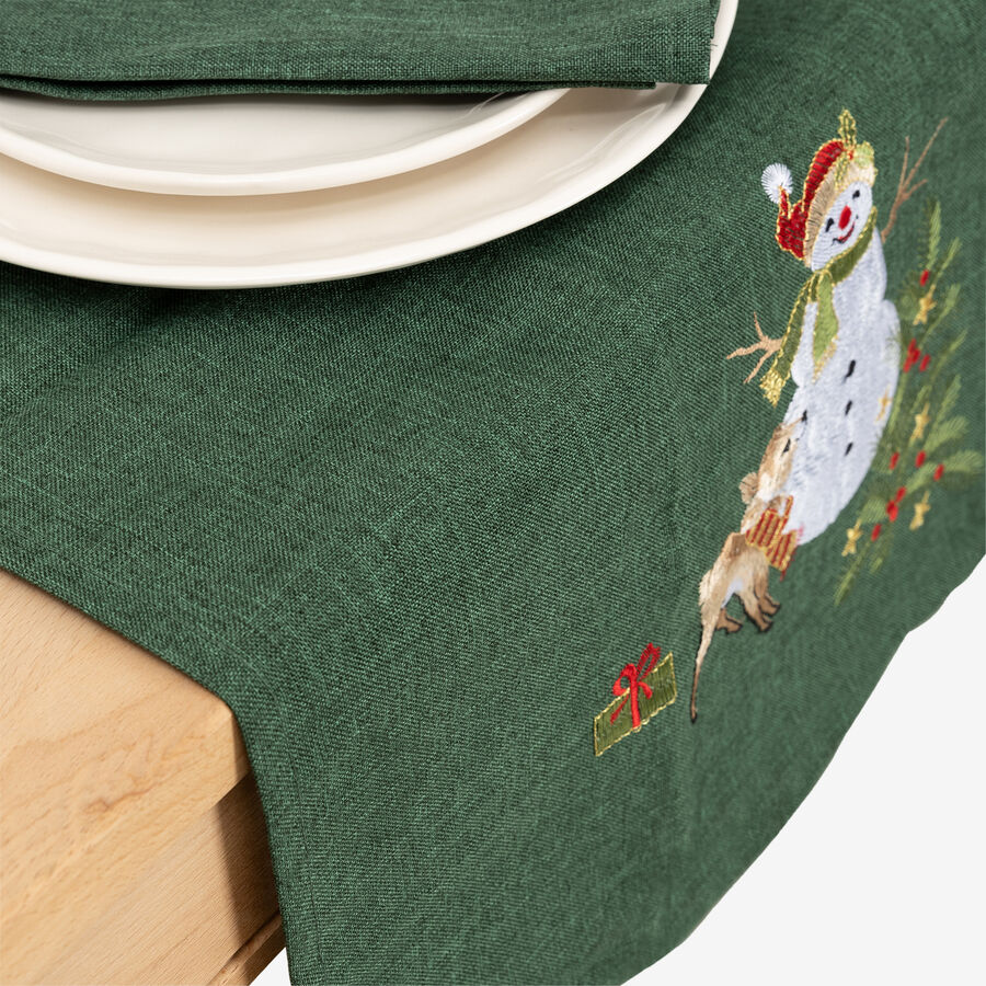 Camino de mesa verde con bordado Muñeco de nieve 50x150cm