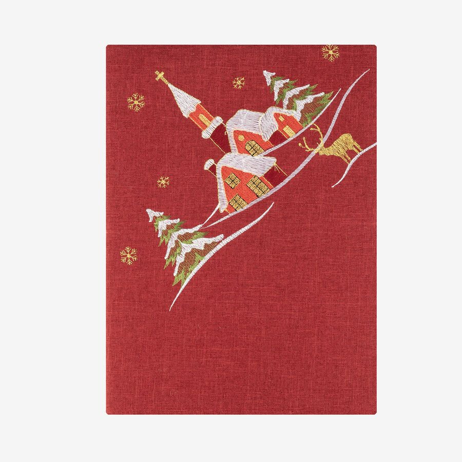 Mantel rojo con bordado Pueblo Navidad 150x250cm