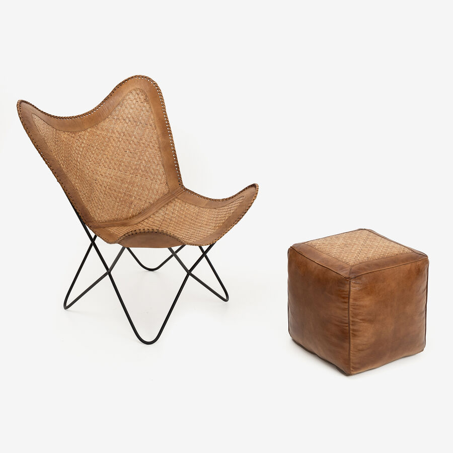 Silla mariposa de cuero y ratán marrón Katy 72x78x92cm