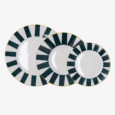 Vajilla de 18 piezas blanca con rayas verdes de porcelana Cabana