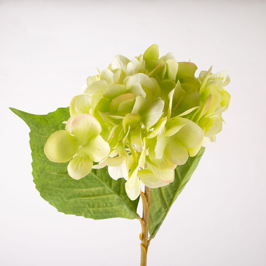 Flor artificial hortensia con hojas color verde 36cm