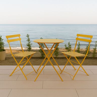 Set de jard&iacute;n plegable de mesa y 2 sillas de metal mostaza Bistro
