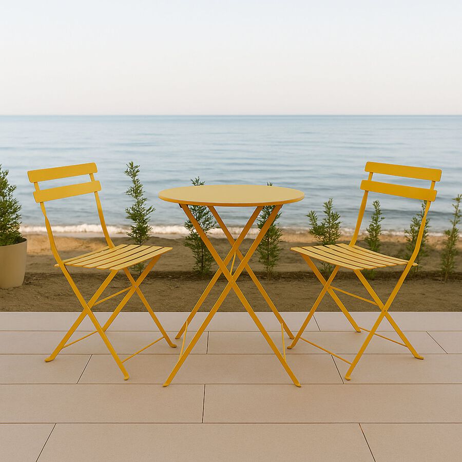 Set de jard&iacute;n plegable de mesa y 2 sillas de metal mostaza Bistro