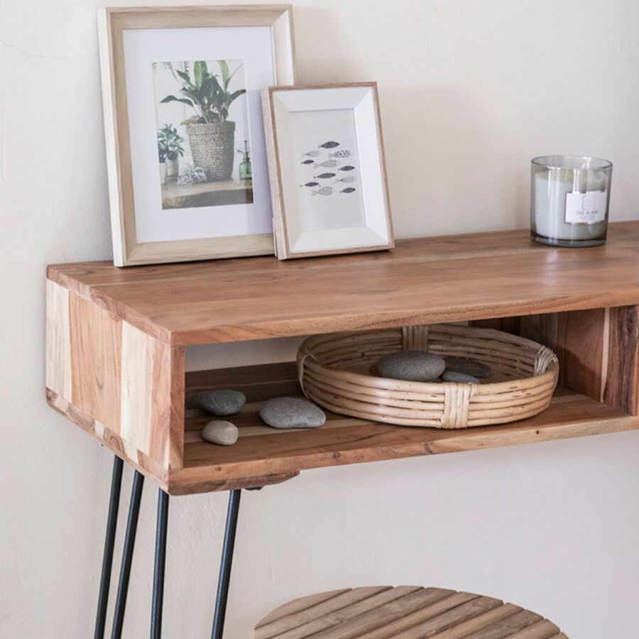 Consola de madera acacia con estanteria 115x35x76cm