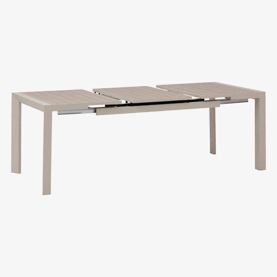 Mesa de comedor de jard&iacute;n extensible de aluminio efecto madera lino Evora 142x90x77cm