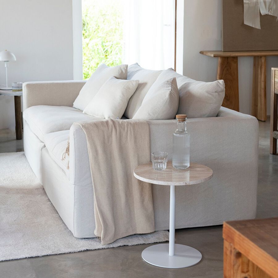 Set de sofá de 3 plazas de lino con puf beige Aiden 220x110x80cm Clau&Chloe