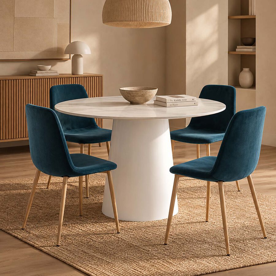 Silla de comedor azul de terciopelo con patas de metal efecto madera Navel