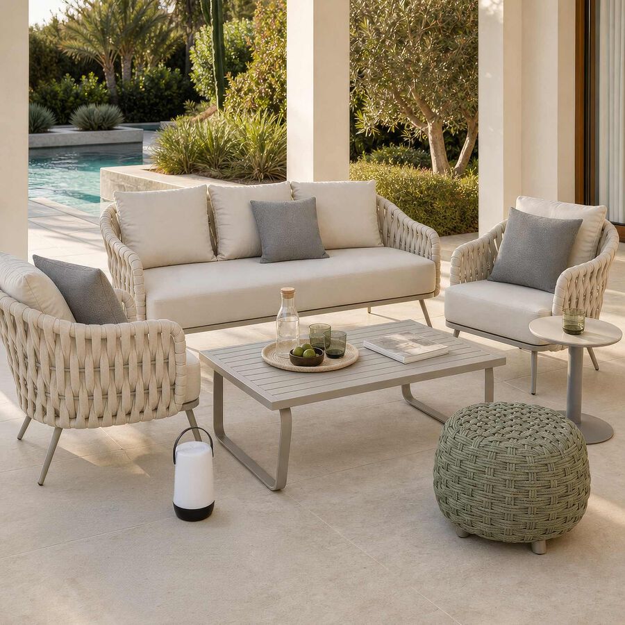 Set de jard&iacute;n de 4 piezas de aluminio y cuerda beige Portofino