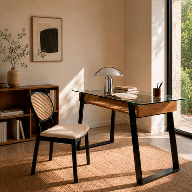 Escritorio de cristal y madera con base de metal Olav 120x60x75cm
