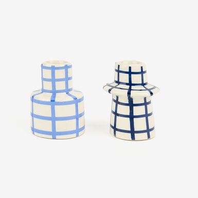 Candelabro de gres estampado cuadros azules Narza Ø7x6cm