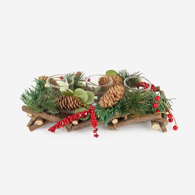 Centro de mesa con 3 portavelas bayas y piñas 29cm