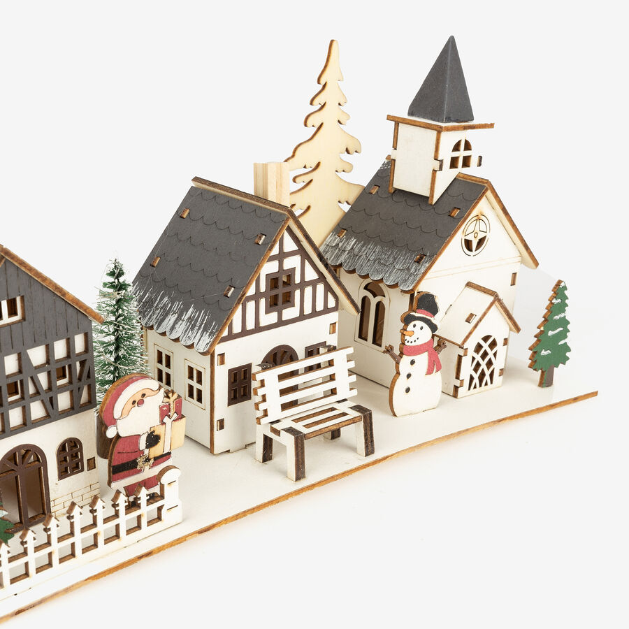 Figura decorativa de madera Pueblo con &aacute;rboles 28x9x13cm