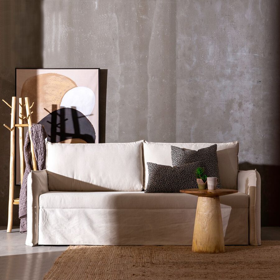 Sofá cama de algodón y lino beige 215x100x97cm