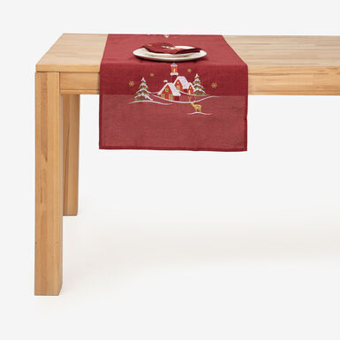 Camino de mesa rojo bordado Pueblo Navidad 50x150cm