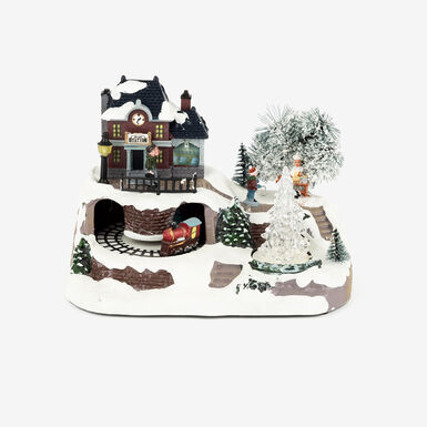 Figura decorativa con luz LED Pueblo Navidad musical 23,5x16x17cm