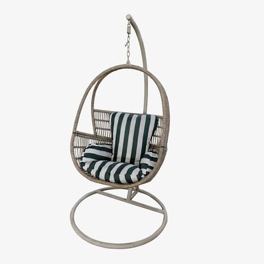Sill&oacute;n colgante de jard&iacute;n con coj&iacute;n a rayas verde y blanco