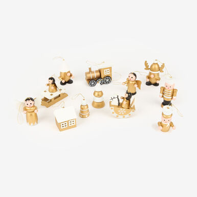 Set de 12 adornos colgantes de madera dorados