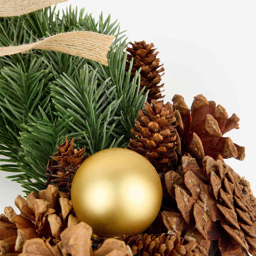 Corona decorativa con piñas y lazo dorado Ø34cm