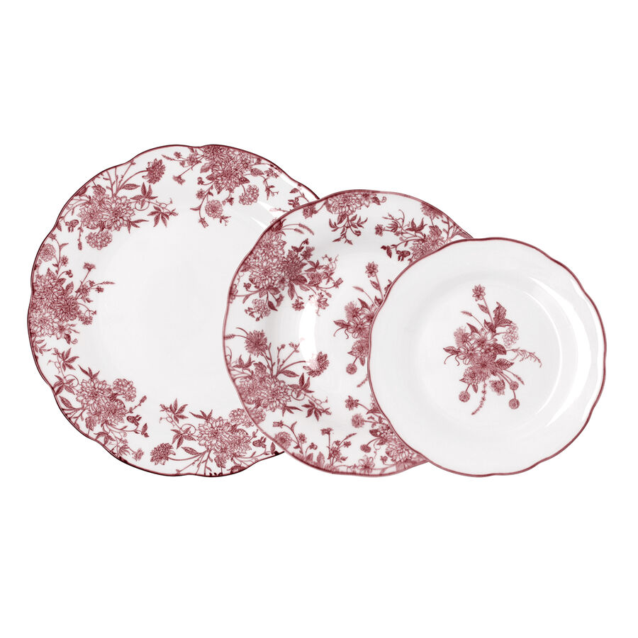 Vajilla 12 piezas con flores burdeos de porcelana Charlotte