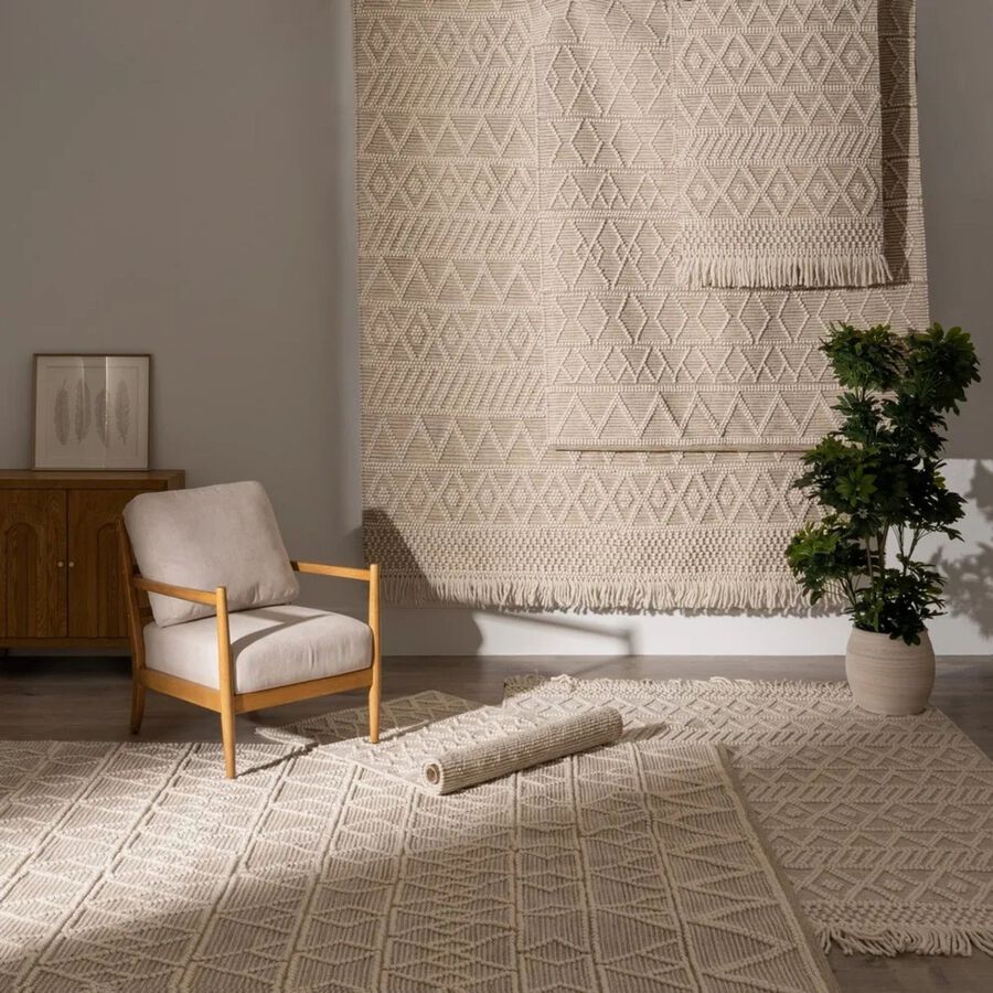 Alfombra crema de lana y algod&oacute;n con relieve Boho 160x230cm