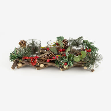 Centro de mesa con 3 portavelas bayas y piñas 29x13x8cm