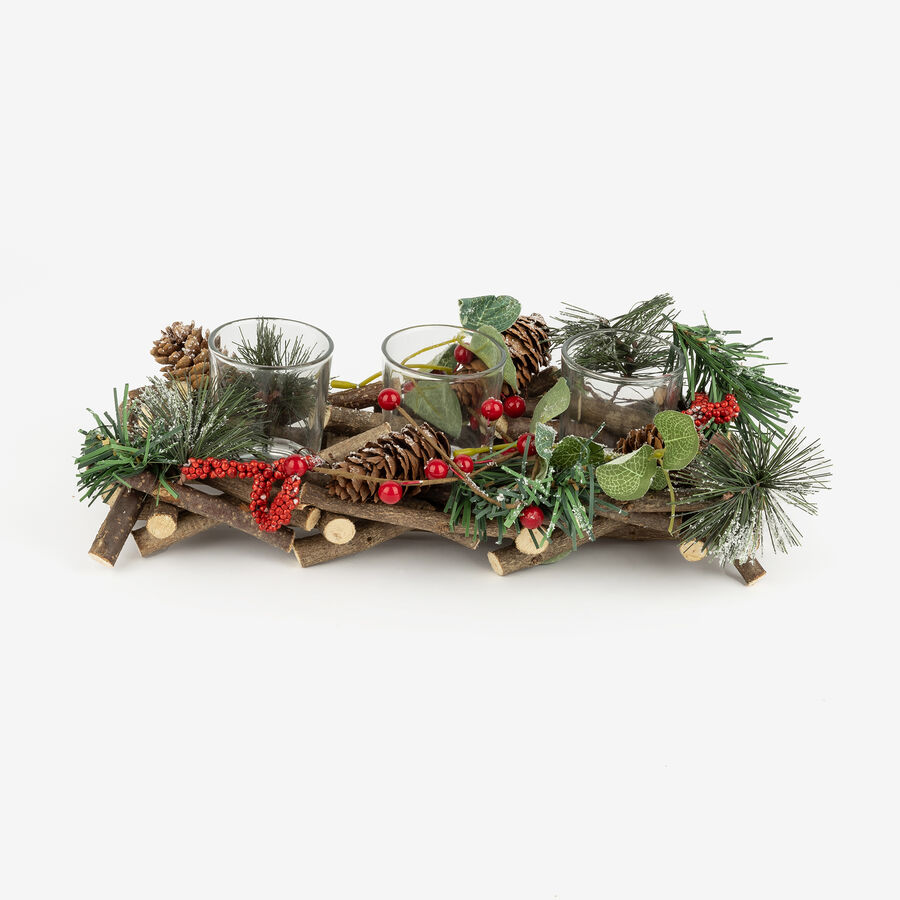 Centro de mesa con 3 portavelas bayas y piñas 29x13x8cm