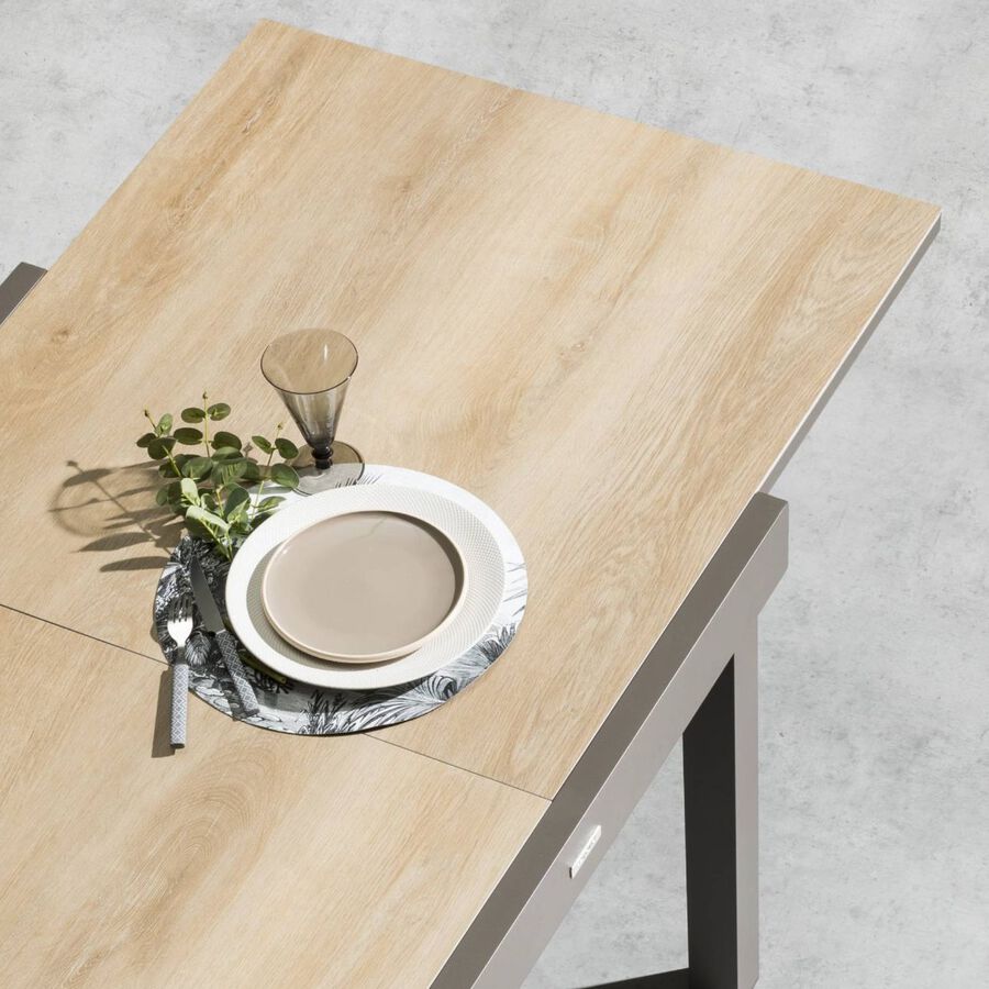 Mesa de jard&iacute;n de aluminio efecto madera extensible Balos 90/180x90x75,5cm