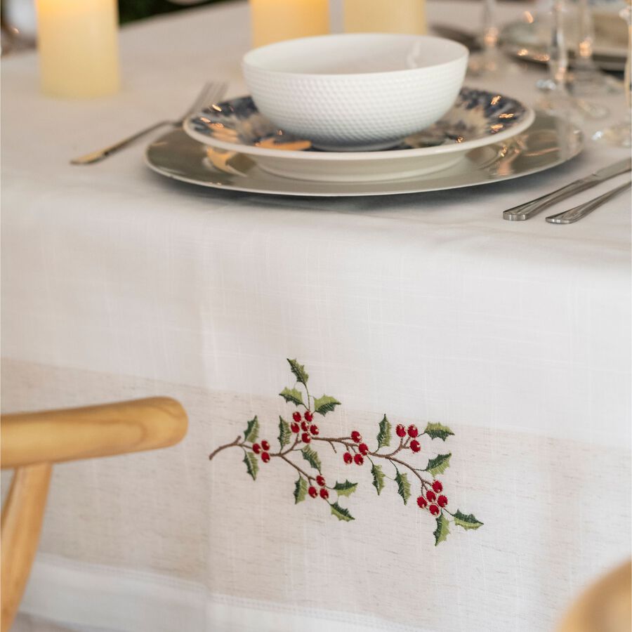 Mantel de Navidad blanco bordado Muérdago 150x250cm
