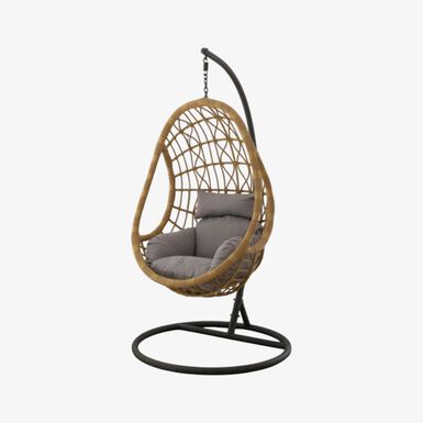 Sill&oacute;n colgante de rat&aacute;n sint&eacute;tico marr&oacute;n con coj&iacute;n gris Veran 105x105x195cm