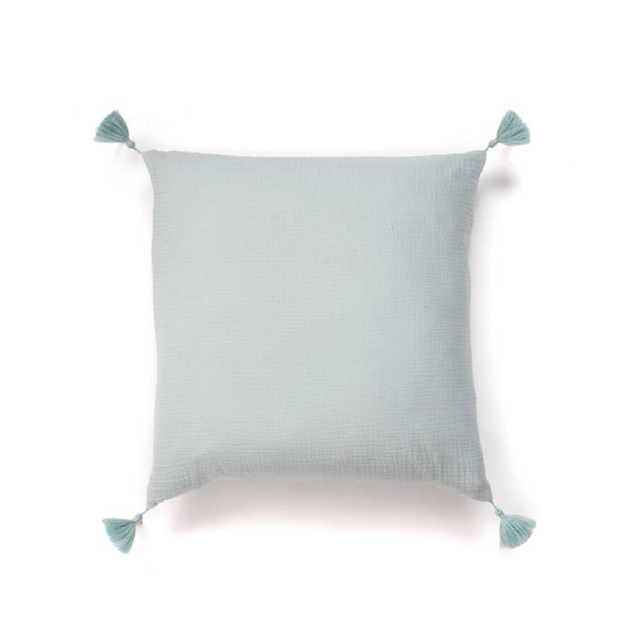 Coj&iacute;n de algod&oacute;n verde agua Borlas 45x45cm