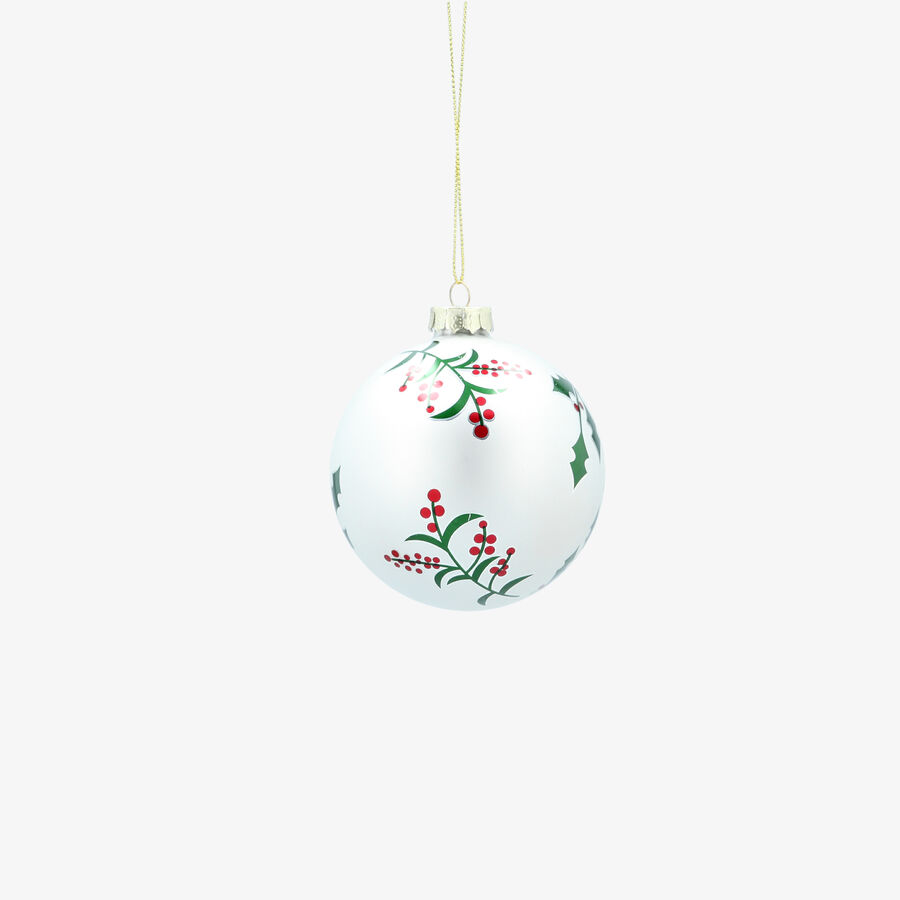 Bola de Navidad blanca de cristal con acebo &Oslash;8cm