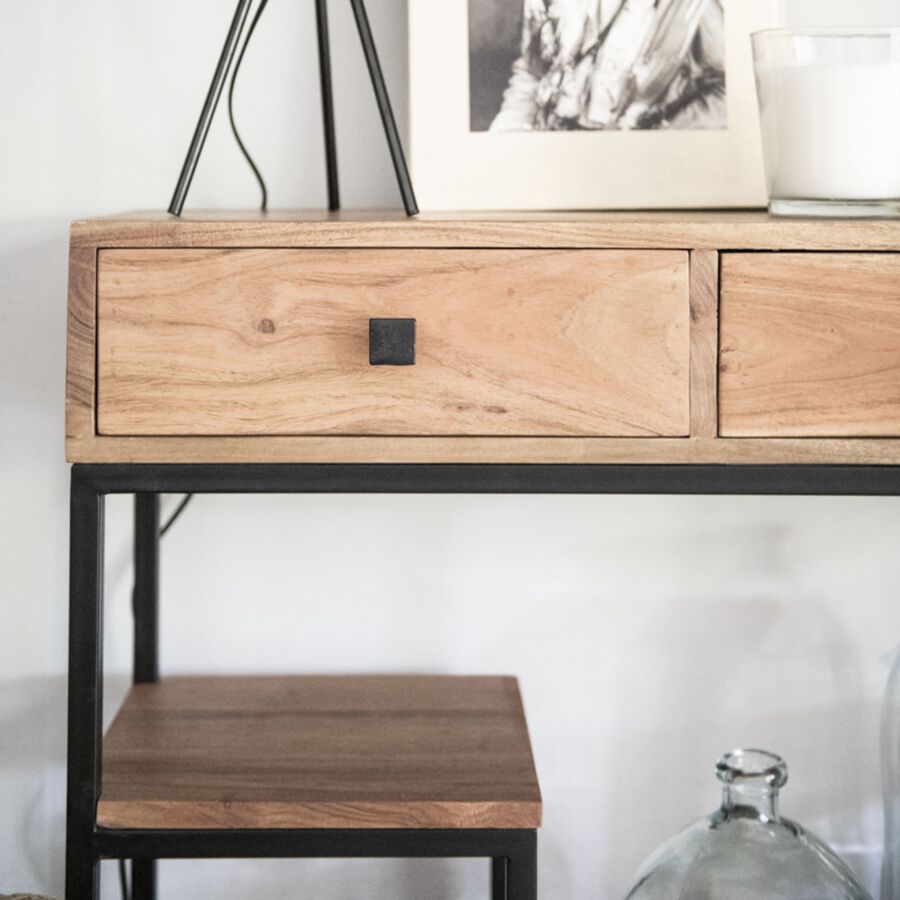 Consola de madera acacia con dos cajones y estantes Bremen 80x30x81cm