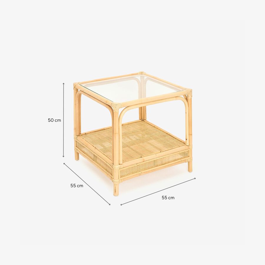 Mesa auxiliar de ratán y cristal Corvo 55x55x50cm