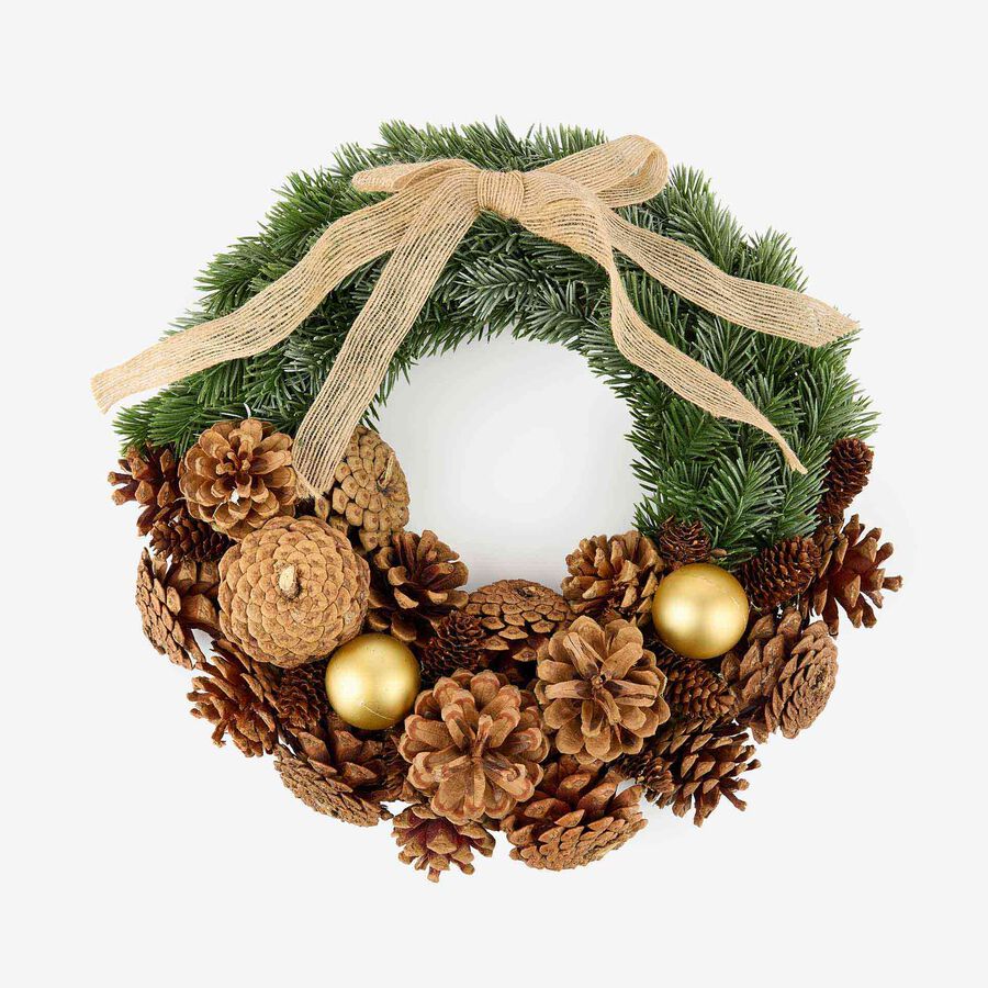 Corona decorativa con piñas y lazo dorado Ø34cm