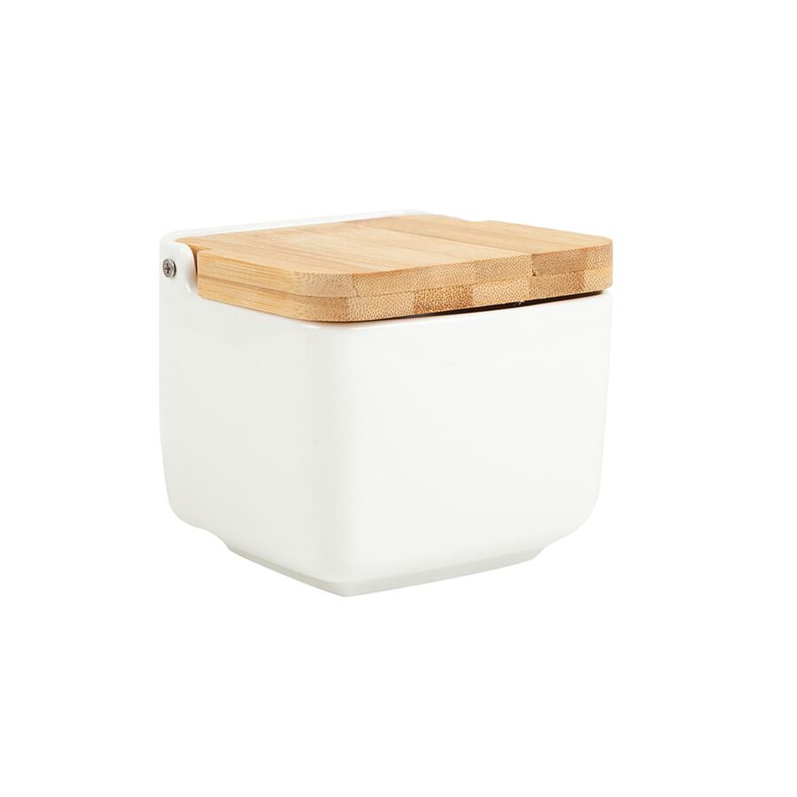 Salero cer&aacute;mica con tapa bamb&uacute; 12x12x11cm