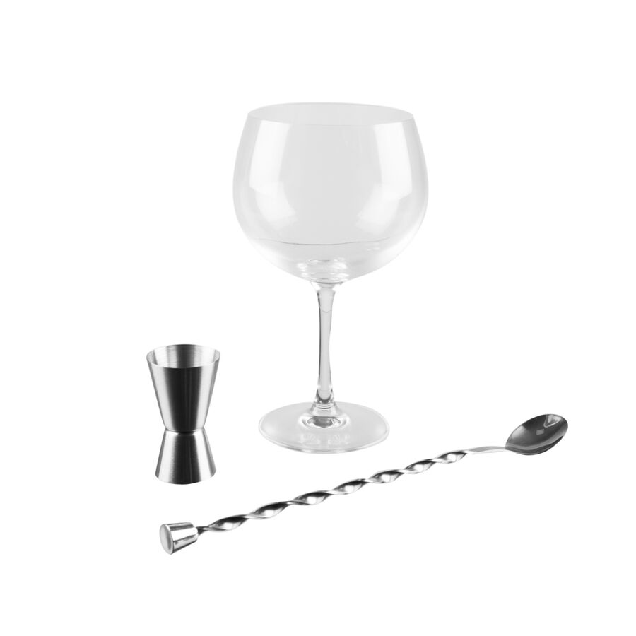 Set de 4 copas de vidrio, cuchara de cocktail y vaso medidor 