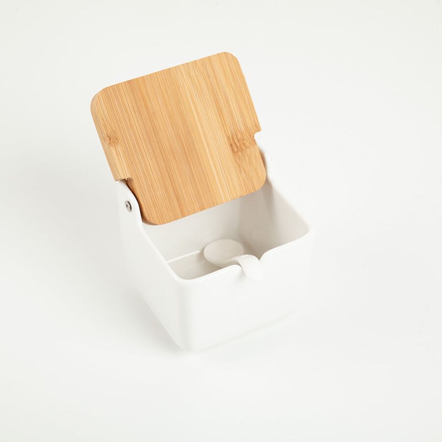 Azucarero cerámica con tapa bambú 8x8x8