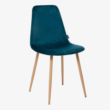 Silla de comedor azul de terciopelo con patas de metal efecto madera Navel