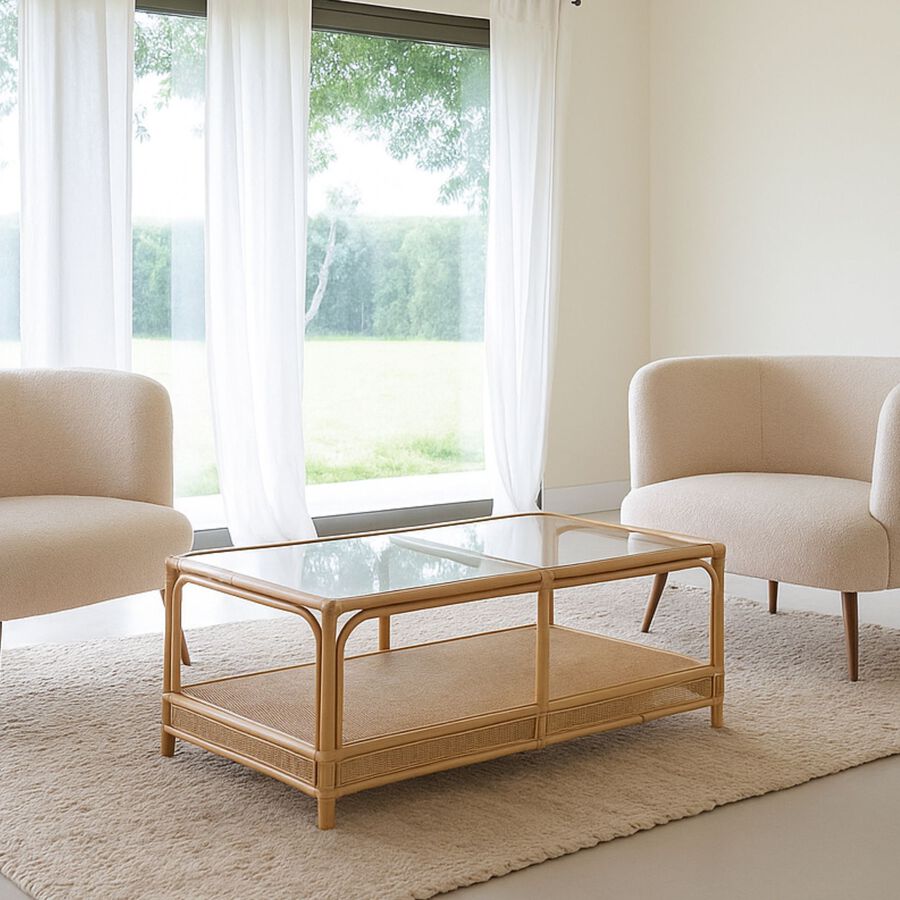 Mesa de centro de ratán y cristal Corvo 110x60x40cm